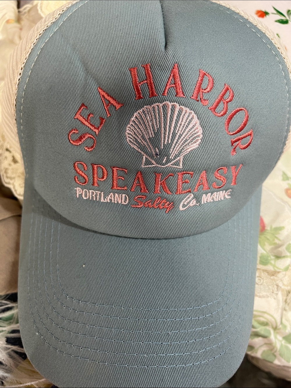Anthropologie Sea Harbor Speakeasy Embroidered Trucker Hat - Light Blue & Cream - Picture 3 of 5